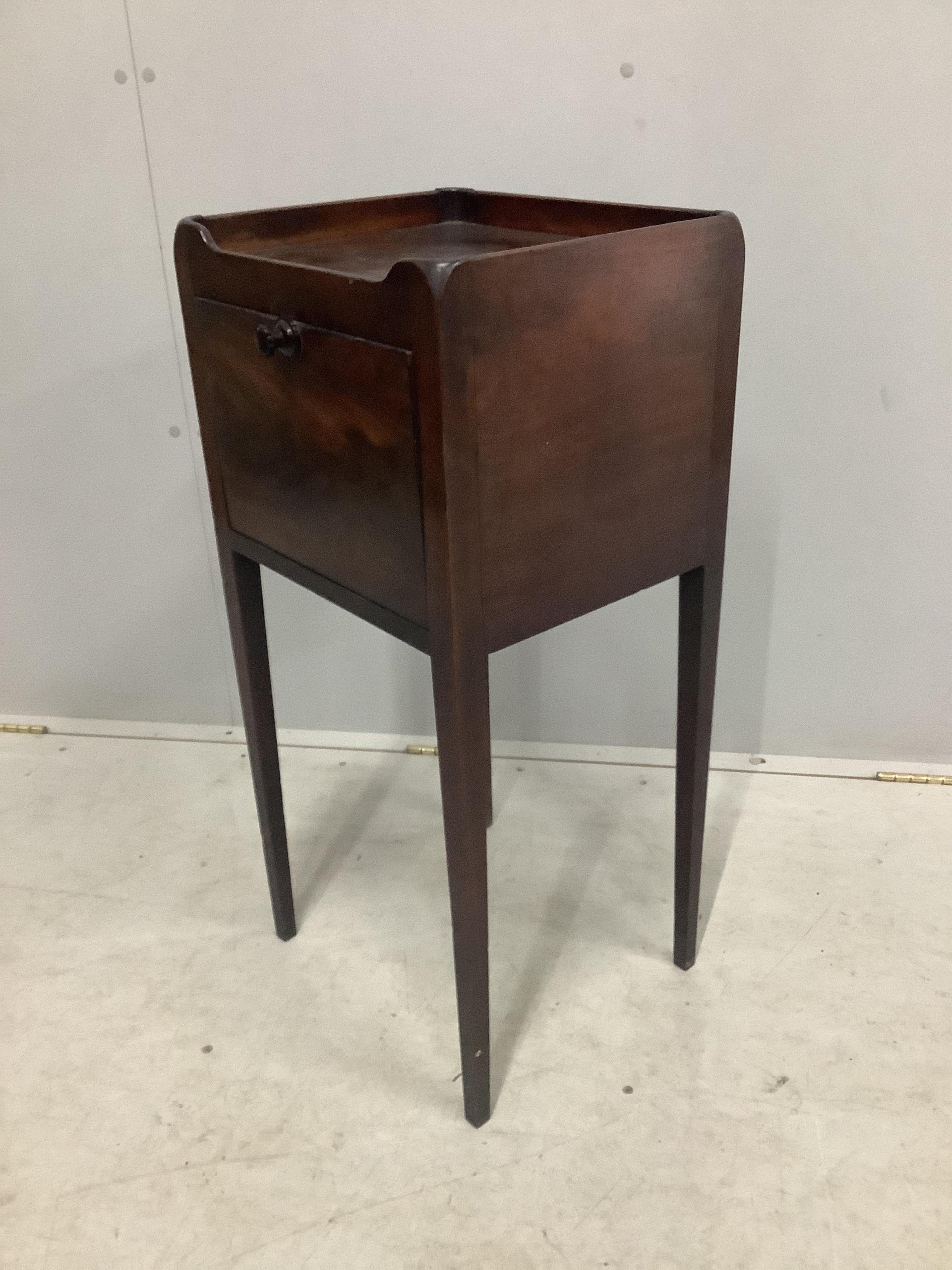 A George III mahogany tray topped bedside cabinet, width 38cm, depth 33cm, height 80cm. Condition - poor to fair